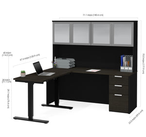 Modern L-shaped Desk & Hutch with Glass Doors, with Height Adjustable Side