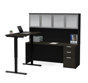 Modern L-shaped Desk & Hutch with Glass Doors, with Height Adjustable Side