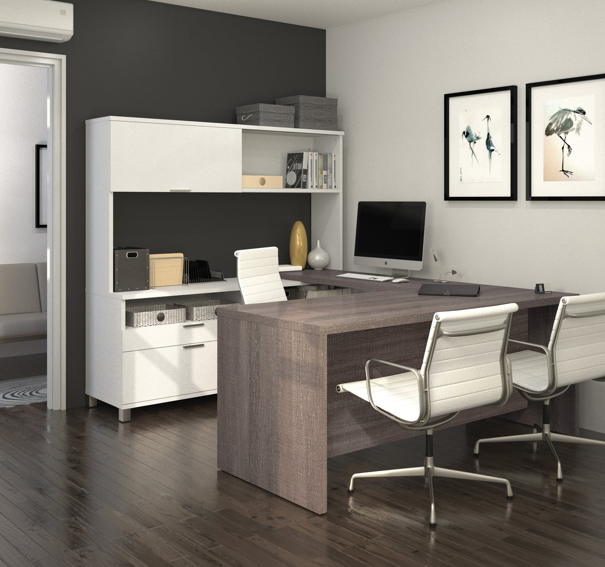Premium Modern U-shaped Desk with Hutch in White & Bark Gray ...