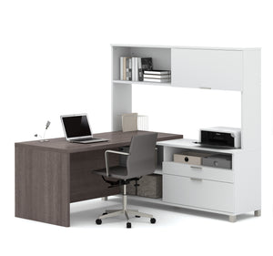Premium Modern L-shaped Desk with Hutch in Bark Gray & White