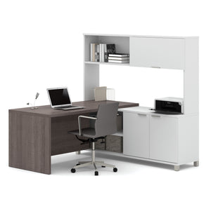 Premium Modern L-shaped Desk with Hutch in Bark Gray & White