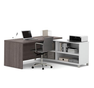 Modern Bark Grey and White L-Shaped Office Desk with Built-In Shelves