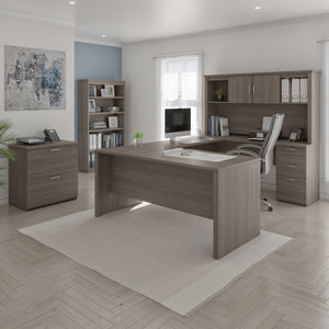 66" Bark Gray Desk Set with U-Shaped Desk, File, and Bookcase