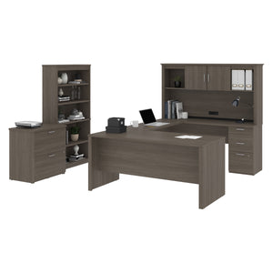 66" Bark Gray Desk Set with U-Shaped Desk, File, and Bookcase