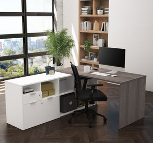 Elegant L-Shaped Bark Gray and White Office Desk with Storage