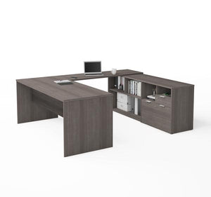U-Shaped Bark Grey Office Desk and Credenza