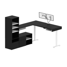 Load image into Gallery viewer, Pair of 88&quot; Black &amp; White L-Desks with Twin Monitor Support
