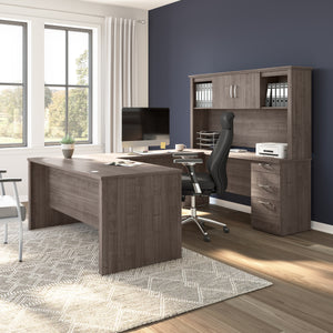 67" Gray Maple Executive U-Shaped Desk with Hutch & File