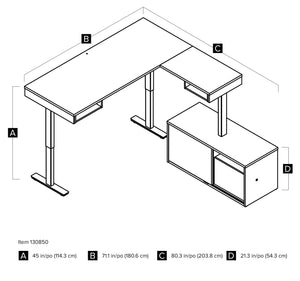 71" Adjustable Desk in White & Black with Dual Monitor Arms and Credenza