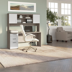 65" Modern Compact Desk with Hutch in Silver Maple & White