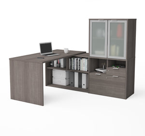 71" Bark Gray L-shaped Desk with Privacy Glass Hutch