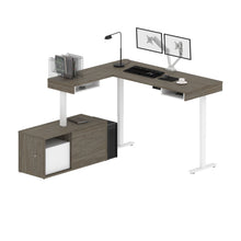 Load image into Gallery viewer, 71&quot; Dual Monitor Adjustable Desk with Credenza in Walnut Gray and White
