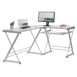 62" L-Shaped Modern Desk in Glass/Silver