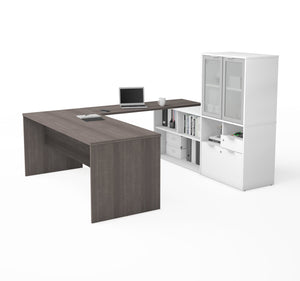 Bark Gray and White 71" U-Shaped Desk with Privacy Glass Hutch