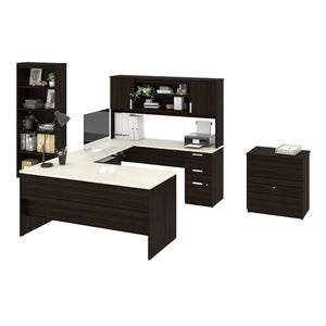 Executive White Chocolate and Woodgrain U-Shaped Desk & Hutch - Includes Matching File Cabinet & Bookcase