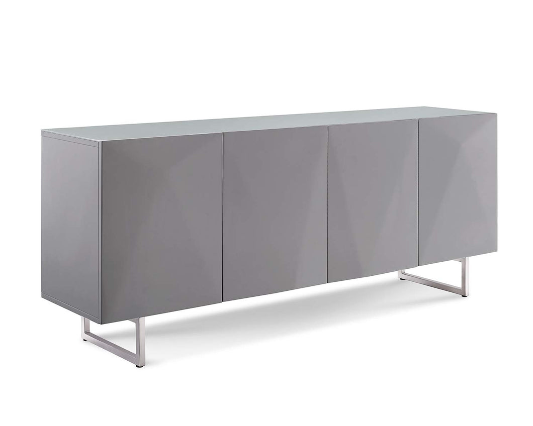 High Gloss Gray Storage Credenza with Tempered Glass Top