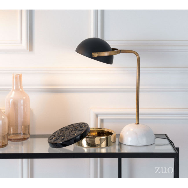 Mid-Century Modern Black & Marble Table Lamp w/ Gold Stem