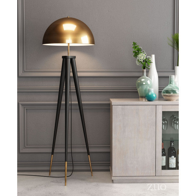 Brass-Domed Floor Lamp w/ Black Base