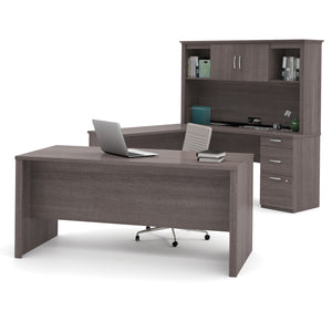 Modern Premium U-shaped Desk with Hutch in Bark Gray
