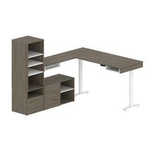 Load image into Gallery viewer, Pair of 88&quot; L-Shaped Walnut Gray Desks with Built-in Storage
