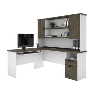 71" x 59" L-shaped Desk with Hutch in White & Walnut Gray