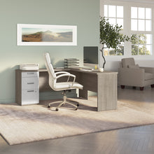 Load image into Gallery viewer, 65&quot; Silver Maple &amp; White L-Desk with Built-in File Cabinet
