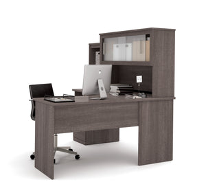 L-shaped Office Desk and Hutch with Frosted Glass Doors in Bark Gray