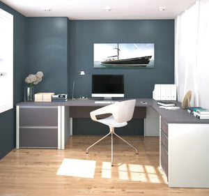 Modern Slate & Sandstone Single Pedestal L-shaped Desk with Included Lateral File