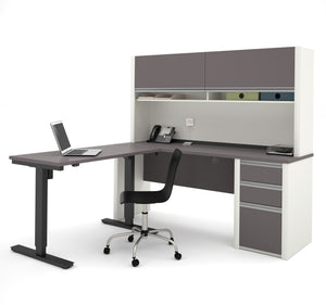 Modern Slate-Sandstone Desk & Hutch with Included Height Adjustable Desk