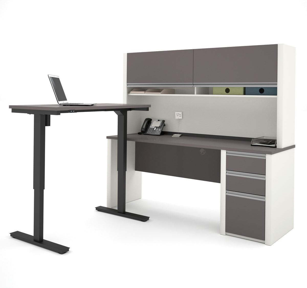 Modern Slate-Sandstone Desk & Hutch with Included Height Adjustable De ...