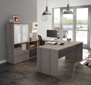 Bark Gray 71" x 88" U-Shaped Desk with Privacy Glass Hutch