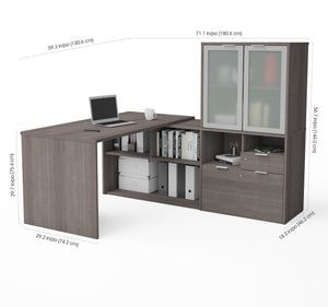 71" Bark Gray L-shaped Desk with Privacy Glass Hutch