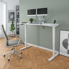 Load image into Gallery viewer, White 59&quot; Adjustable Desk with Twin Monitor Arms
