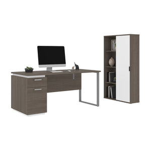 Bark Gray & White 66" Desk Set with Cabinet