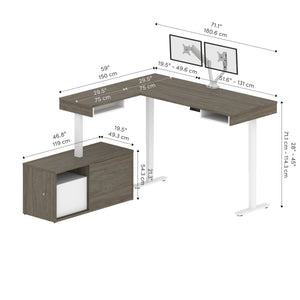 71" Dual Monitor Adjustable Desk with Credenza in Walnut Gray and White