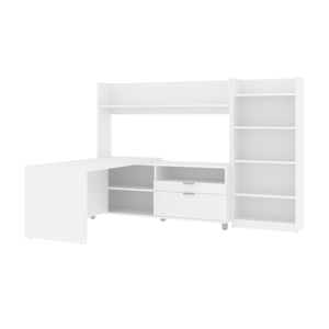 White 101" L-Shaped Open Top Desk with Bookcase/Hutch