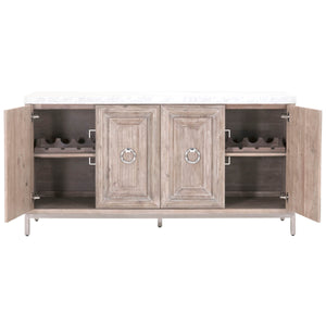 71" Natural Gray and Stainless Storage Credenza with Carrera Marble Top