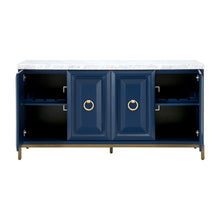 Load image into Gallery viewer, 71&quot; Navy and Gold Storage Credenza with Carrera Marble Top
