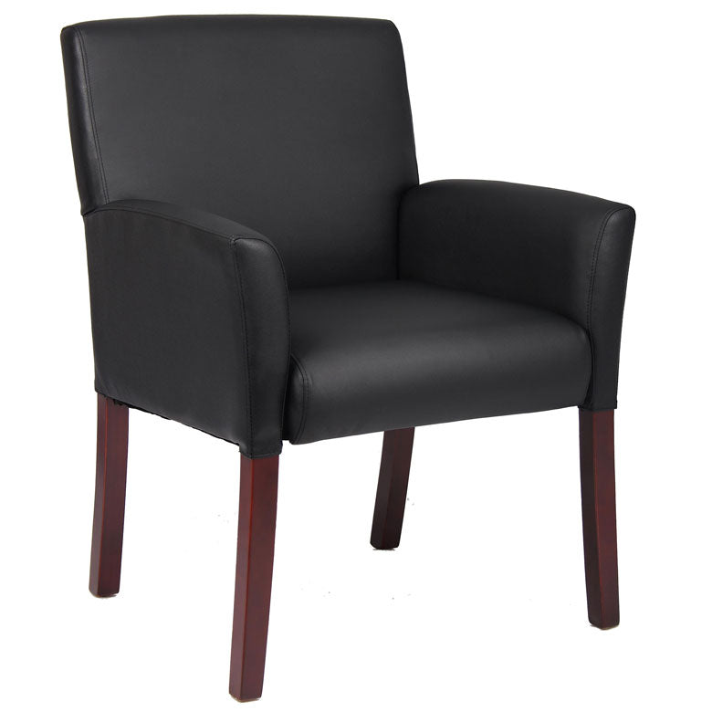 Classic Box Arm Chair in Black Faux Leather & Mahogany