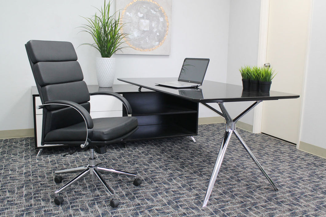 Breathable Flat-Back Black Faux Leather Office Chair