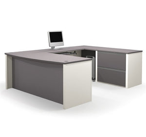 Modern U-shaped Workstation in Slate & Sandstone or Bordeaux & Slate