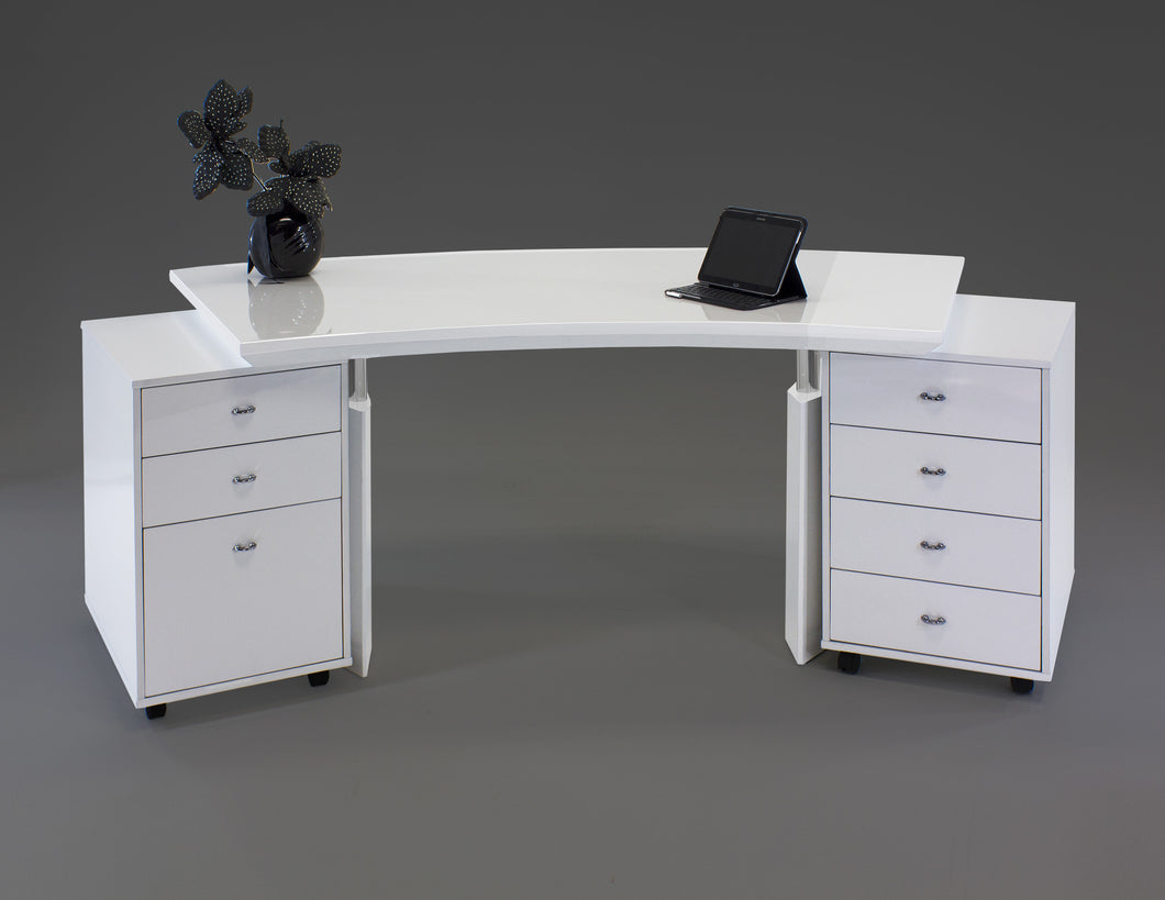 Modern Curved White Lacquer Executive Desk with Two Mobile Files