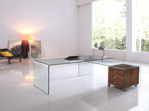 Ultra Modern L-shaped Glass Desk with Walnut Cabinet