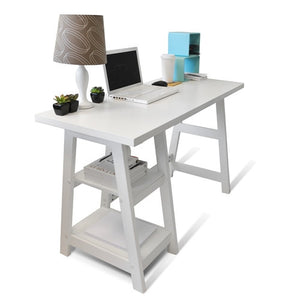 Modern White 47" Trestle Desk with Shelves