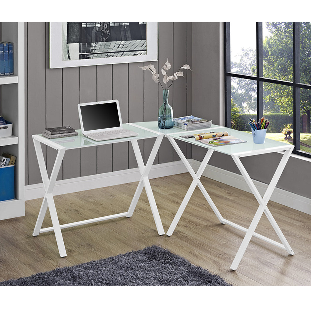 White Glass & Steel X-frame Corner Office Desk