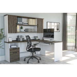 71" x 59" L-shaped Desk with Hutch in White & Walnut Gray
