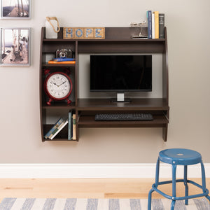 Modern Espresso Floating Desk with Keyboard Tray & Storage