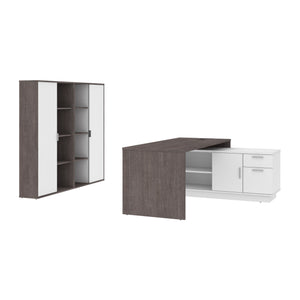 L-Shaped 71" Bark Gray and White Executive Desk with Storage