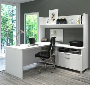 Spacious L-Shaped Office Desk with Hutch in White