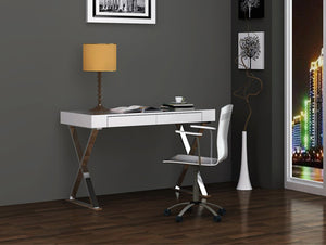 47" Modern White Lacquer & Stainless Steel Desk with Drawer from WhiteLine